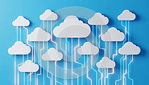 Cloud Computing Network with Glowing Data Lines on Blue Background