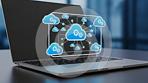 Cloud Computing Network Icons on Laptop. Digital Data Technology Business Solution.