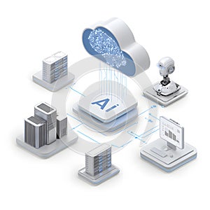 Cloud computing network illustration showing servers, connected devices, and data flow, perfect for AI, technology, and IT