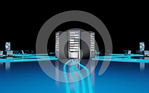 Cloud computing, network infrastructure. Computer workstations connected to data center. Digital 3D render concept.