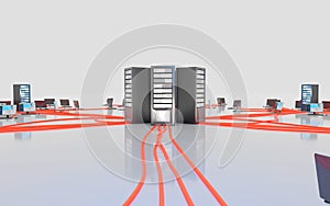 Cloud computing, network infrastructure. Computer workstations connected to data center. Digital 3D render concept.