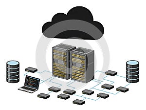 Cloud computing network infrastructure with data storage and processing units isolated on white background