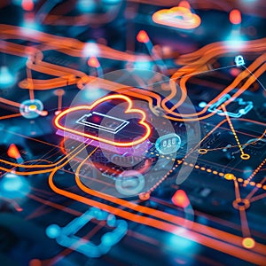Cloud Computing and Network Infrastructure, Technology Abstract with Glowing Lines and Icons