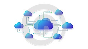 A cloud computing network with interconnected blue clouds and arrows on a white background