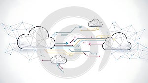 A cloud computing network with interconnected data transfer lines and geometric shapes