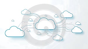 A cloud computing network with interconnected white clouds on a light blue background