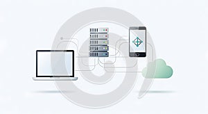 Cloud Computing Network Laptop, Server, Smartphone, and Cloud Icon Connection
