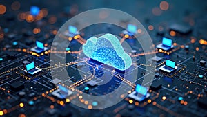 Cloud computing network with laptops connected to central digital cloud