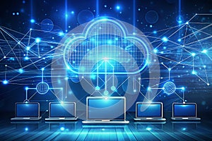Cloud computing network laptops syncing data digital background technology concept