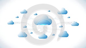 A cloud computing network with multiple interconnected blue clouds on a white background