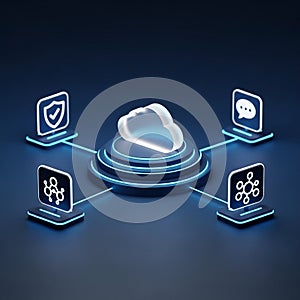 Cloud Computing Network with Security and Communication Icons on Dark Blue Background