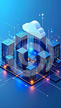 Cloud Computing Network with Server Racks Data Flow and Connection Lines Digital Technology and Data Processing