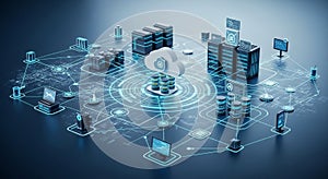 Cloud computing network with servers and devices connected by glowing lines in a digital environment