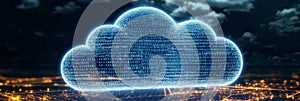 Cloud computing network system connects complex digital data on virtual security landscape.