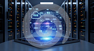 Cloud Computing Network on Tablet in Data Center, Server Room with Glowing Lights, Technology Concept