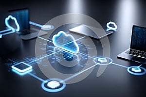 Cloud Computing Network Technology Modern network with glowing cloud icon laptops and mobile devices connected representing