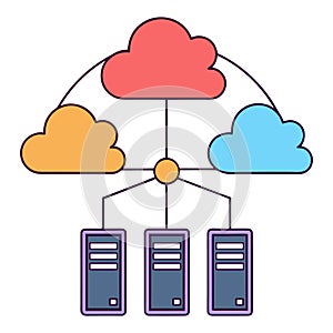 Cloud computing network with three connected servers and data storage