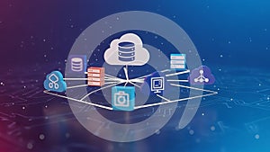 Cloud computing network with various data storage and processing icons servers database
