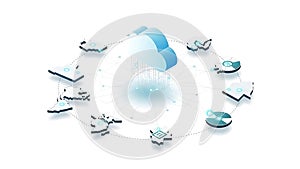 A cloud computing network with various devices connected to a central server