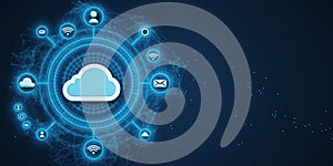 Cloud computing network with various icons on dark background. 3D Rendering