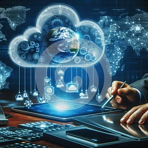 Cloud computing technology concept. 3d rendering toned image double exposure