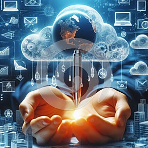 Cloud computing technology concept. 3d rendering toned image double exposure