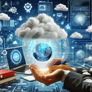 Cloud computing technology concept. 3d rendering toned image double exposure