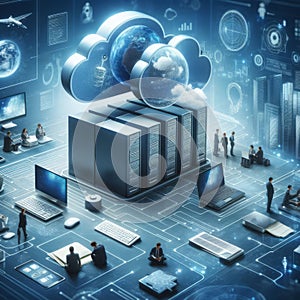 Cloud computing technology concept. 3d rendering toned image double exposure