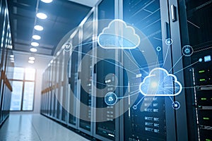 Cloud computing and networking concept on server room background