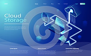 Cloud computing online storage. Cloud data storage isometric infographic. 3d servers and datacenter connection network.