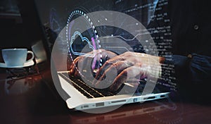 Cloud computing and online storage symbol and man typing keyboard