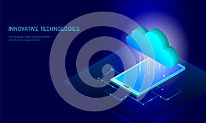 Cloud computing online storage isometric smartphone. Big data information future modern internet business technology
