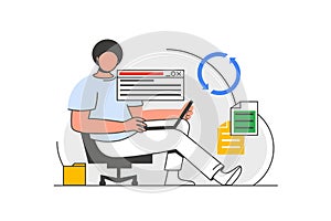 Cloud computing outline web concept with character scene. Vector illustration