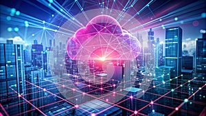 Cloud Computing over Cityscape, Digital Network, 3D Illustration, Cloud Storage, Network, Technology, Future