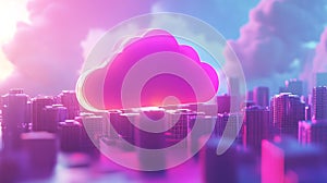 Cloud Computing Over Cityscape In Neon Pink And Blue