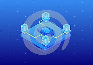 Cloud Computing platform with data centers. 3d isometric vector illustration of cloud platform