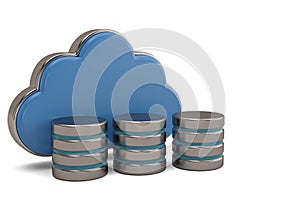 Cloud computing and remote data storage concept blue glossy cloud and hard disk icon isolated on white background.3D illustration.