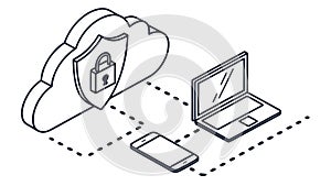 Cloud computing with secure network and devices, vector design Generative AI