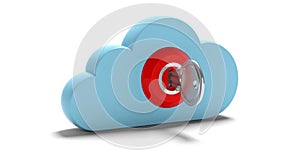 Cloud computing security. Blue cloud and keylock isolated on white background. 3d illustration