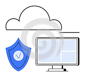 Cloud Computing Security Concept with Shield, Cloud Icon, and Desktop Monitor Display