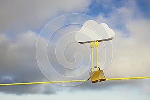 Cloud Computing Security Concept - Two Ethernet Cables plugged into a symbolic cloud. A lock around the cables