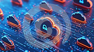 Cloud computing security, padlock protecting data in circuit board
