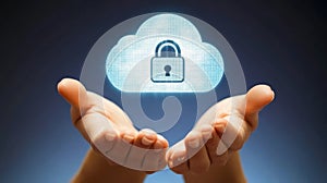 Cloud Computing Security, Data Protection, Digital Cloud with Padlock Above Open Human Hands