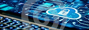 Cloud Computing Security, Data Protection. Symbol Over Circuit Board With Glowing Nodes And Lines.