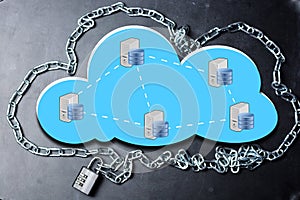 Cloud computing security database network concept with chain and padlock on dark background