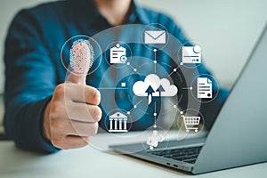 Cloud computing security fingerprint authentication data protection and network technology concept