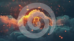 Cloud computing security, glowing padlock protecting data in the cloud
