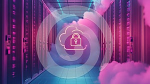 Cloud computing security with padlock icon in server room