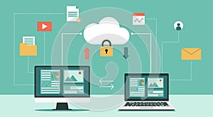 Cloud computing security and protecting data concept with computer and laptop