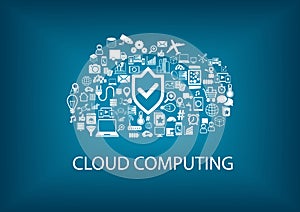 Cloud computing security. Security in the cloud concept with icons on blurred background